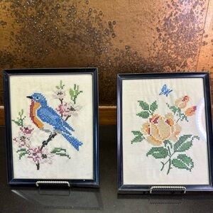 Set Of 2 Floral Bird Butterfly Cross Stitch Needlepoint Framed 8x10”